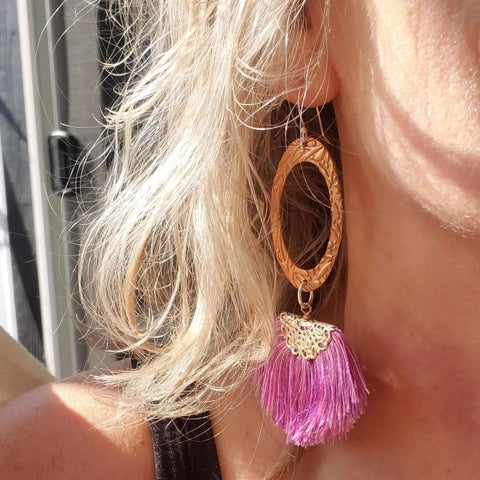 Rose Gold Filigree Tassel Earrings 3.5 Inch Copper Embossed Oval Design – Montana Artisan Jewelry | Made in USA Alexa Martha Designs  Earrings