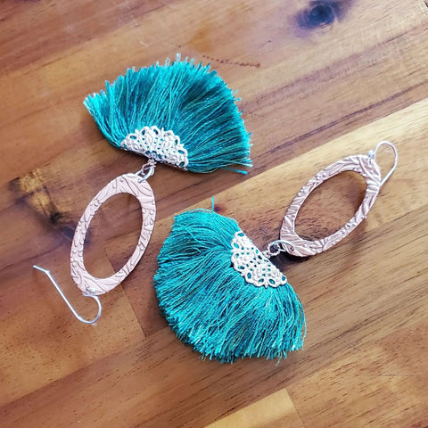 Rose Gold Filigree Tassel Earrings 3.5 Inch Copper Embossed Oval Design – Montana Artisan Jewelry | Made in USA Alexa Martha Designs  Earrings