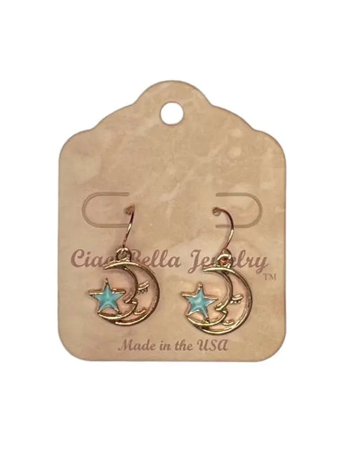 Rose Gold Moon And Light Teal Star Dangle Earrings – Lightweight Celestial Jewelry | Made In USA Michelle Marie Boutique  Earring