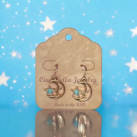 Rose Gold Moon And Light Teal Star Dangle Earrings – Lightweight Celestial Jewelry | Made In USA Michelle Marie Boutique  Earring