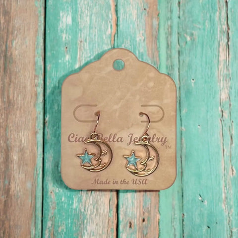 Rose Gold Moon And Light Teal Star Dangle Earrings – Lightweight Celestial Jewelry | Made In USA Michelle Marie Boutique  Earring