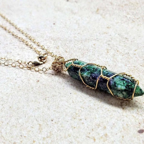 Ruby in Zoisite Double-Terminated Crystal Necklace – Gold Wire Wrap Pendant | Handmade in USA Alexa Martha Designs  Necklace