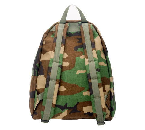 The MIS Daypack Cordura - Woodland Camo is shown from the back, displaying its green, brown, and black camouflage pattern, two adjustable shoulder straps, and a top fabric handle.