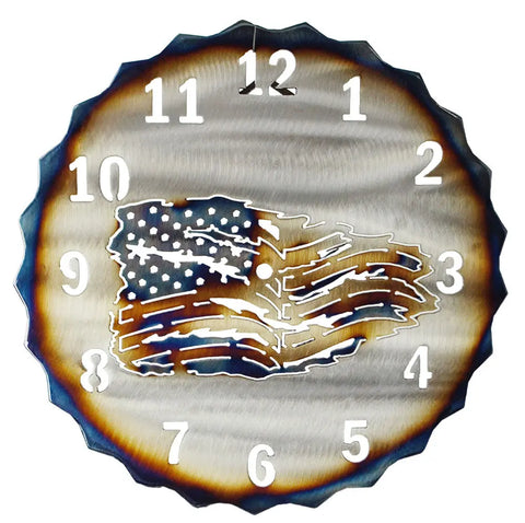 Rustic American Flag Metal Wall Clock – Distressed Patriotic Design | Handcrafted Made in USA Home Decor Knights Home Decor  item