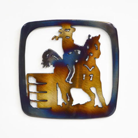 Rustic Barrel Racer Metal Coaster – Handcrafted Heat-Treated Patina Finish | Made in USA Tabletop Decor Knights Home Decor  item