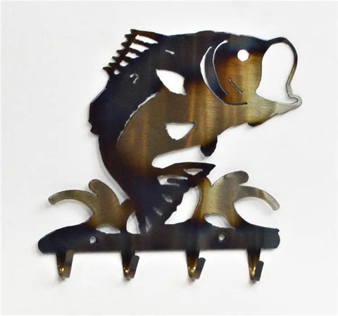 Rustic Bass Fish Key Rack – Metal Wall Hook Organizer with Artistic Silhouette Design | Made in USA Knights Home Decor  item