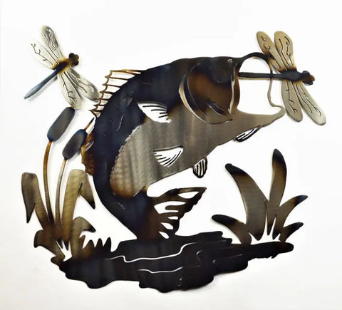 Rustic Bass and Dragonfly Metal Wall Art Sculpture – Handcrafted Outdoor Decor | Made in USA Knights Home Decor  item