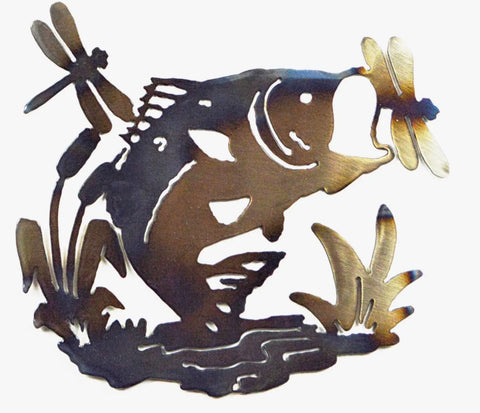 Rustic Bass and Dragonfly Metal Wall Art Sculpture – Handcrafted Outdoor Decor | Made in USA Knights Home Decor  item