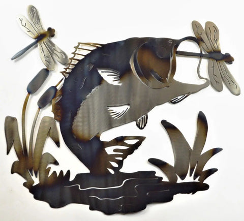 Rustic Bass and Dragonfly Metal Wall Art Sculpture – Handcrafted Outdoor Decor | Made in USA Knights Home Decor  item