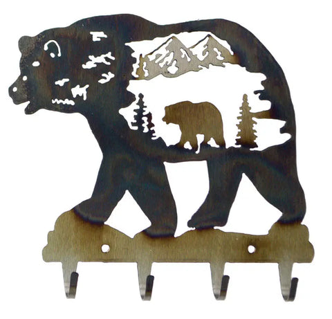 Rustic Bear Silhouette Key Rack – Metal Wall Organizer with Mountain Design | Made in USA Knights Home Decor  item