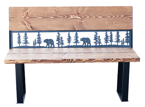 Rustic Bear and Pine Forest Outdoor Bench – Handcrafted Wood and Steel Seating | Made in USA Knights Home Decor  item