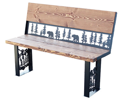Rustic Bear and Pine Forest Outdoor Bench – Handcrafted Wood and Steel Seating | Made in USA Knights Home Decor  item