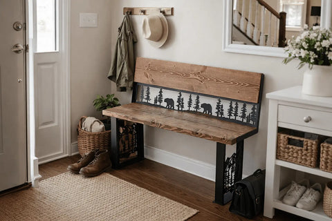 Rustic Bear and Pine Forest Outdoor Bench – Handcrafted Wood and Steel Seating | Made in USA Knights Home Decor  item