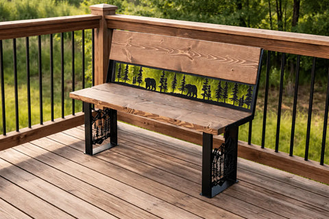 Rustic Bear and Pine Forest Outdoor Bench – Handcrafted Wood and Steel Seating | Made in USA Knights Home Decor  item