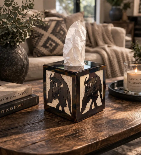 Rustic Bison Tissue Box Cover – Handcrafted Wood Decor Accent | Made in USA Veteran-Owned Knights Home Decor  item