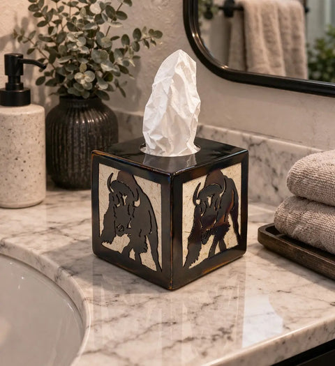 Rustic Bison Tissue Box Cover – Handcrafted Wood Decor Accent | Made in USA Veteran-Owned Knights Home Decor  item