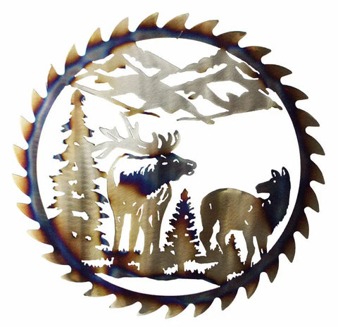 Rustic Bull And Cow Elk Sawblade Wall Decor – Handcrafted Steel Art | Made In USA With Natural Finish Knights Home Decor  item