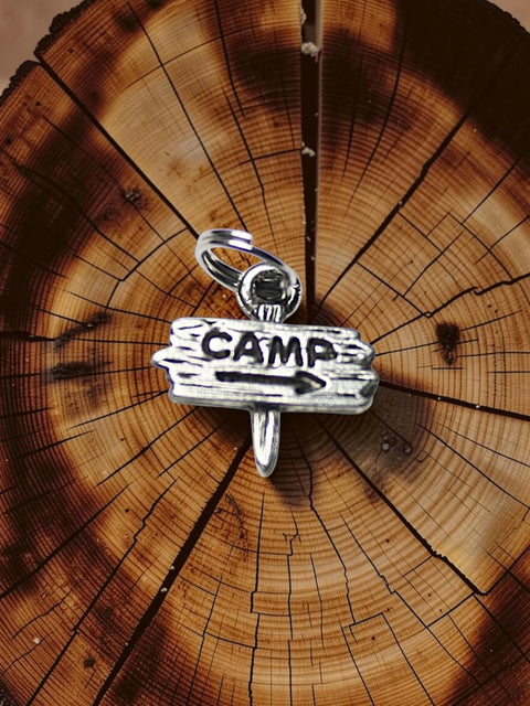 Rustic Camp Sign Pewter Charm 12x13mm – Outdoor Adventure Jewelry | Made in USA Michelle Marie Boutique  Charms and pendants