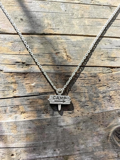 Rustic Camp Sign Pewter Charm 12x13mm – Outdoor Adventure Jewelry | Made in USA Michelle Marie Boutique  Charms and pendants