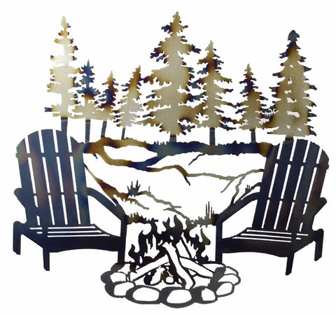 Rustic Campfire Metal Wall Art – Adirondack Chairs Outdoor Scene Decor | Handmade in USA Knights Home Decor  item