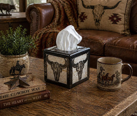 Rustic Cow Skull Tissue Holder – Handmade Western Decor – Veteran Owned Workshop | Made in USA Knights Home Decor  item