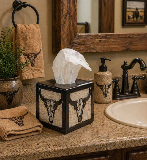 Rustic Cow Skull Tissue Holder – Handmade Western Decor – Veteran Owned Workshop | Made in USA Knights Home Decor  item