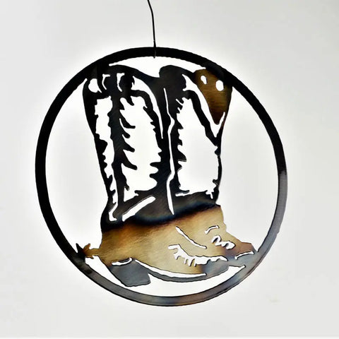 Rustic Cowboy Boots Wall Art – Round Metal Decor | Handmade in USA Knights Home Decor  item