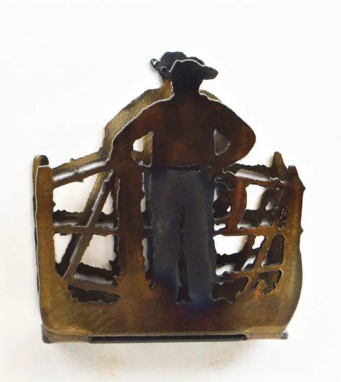 Rustic Cowboy at Fence Cocktail Napkin Holder – Handcrafted Western Bar Accessory | Made in USA Knights Home Decor  item