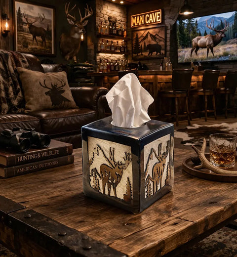 Rustic Deer Design Tissue Box Cover – Square Size Decorative Holder | Handcrafted Made in USA Knights Home Decor  item