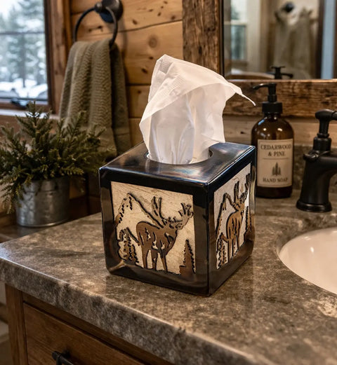 Rustic Deer Design Tissue Box Cover – Square Size Decorative Holder | Handcrafted Made in USA Knights Home Decor  item