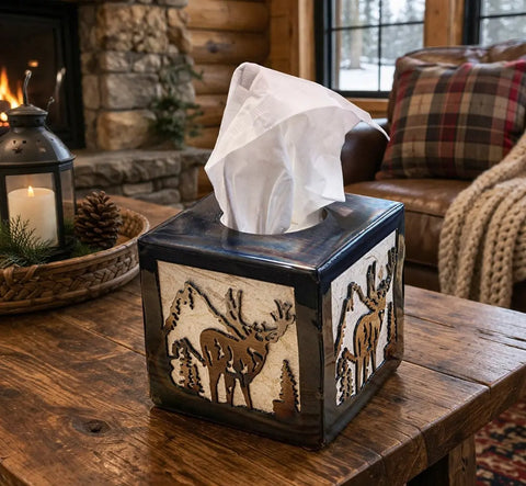 Rustic Deer Design Tissue Box Cover – Square Size Decorative Holder | Handcrafted Made in USA Knights Home Decor  item