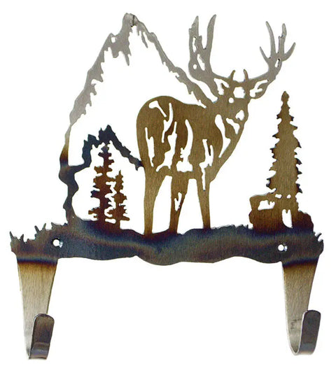 Rustic Deer Wall Hook With Mountain Scene – Handcrafted Steel Coat And Towel Hanger | Made in USA Knights Home Decor  item