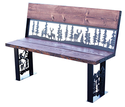 Rustic Deer and Pine Forest Outdoor Bench – Handcrafted Wood and Metal Seating | Made in USA Knights Home Decor  item