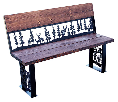 Rustic Deer and Pine Forest Outdoor Bench – Handcrafted Wood and Metal Seating | Made in USA Knights Home Decor  item