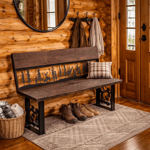 Rustic Deer and Pine Forest Outdoor Bench – Handcrafted Wood and Metal Seating | Made in USA Knights Home Decor  item