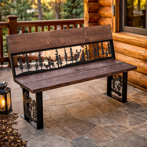 Rustic Deer and Pine Forest Outdoor Bench – Handcrafted Wood and Metal Seating | Made in USA Knights Home Decor  item