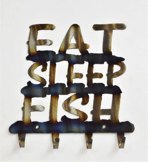 Rustic Eat Sleep Fish Key Holder – Handcrafted Metal Wall Rack for Anglers | Made in USA Knights Home Decor  item