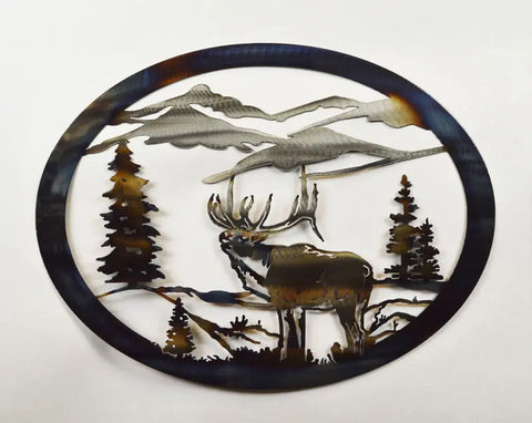 Rustic Elk Silhouette Metal Wall Art – Oval Forest Scene Decor | Made in USA Knights Home Decor  item