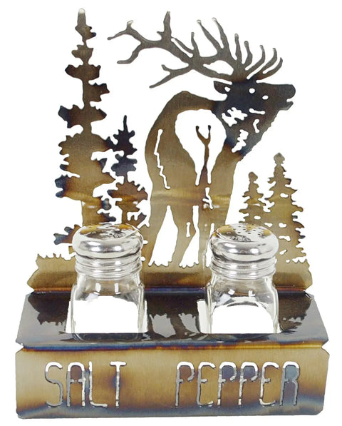 Rustic Elk Silhouette Salt and Pepper Shaker Holder – Handcrafted Metal Kitchen Decor | Made in USA Knights Home Decor  item