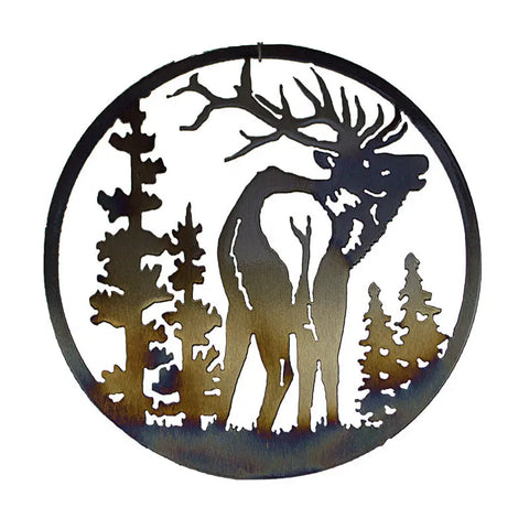 Rustic Elk Silhouette Wall Art Round Metal Decor – Handcrafted Circle Nature Scene | Made in USA Knights Home Decor  item