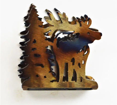 Rustic Elk and Pine Tree Cocktail Napkin Holder – Handcrafted Heat-Treated Metal | Made in USA Knights Home Decor  item