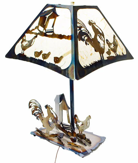 Rustic Farmhouse Rooster and Chick Table Lamp – Handcrafted Heat-Treated Metal Art | Made in USA Knights Home Decor  item