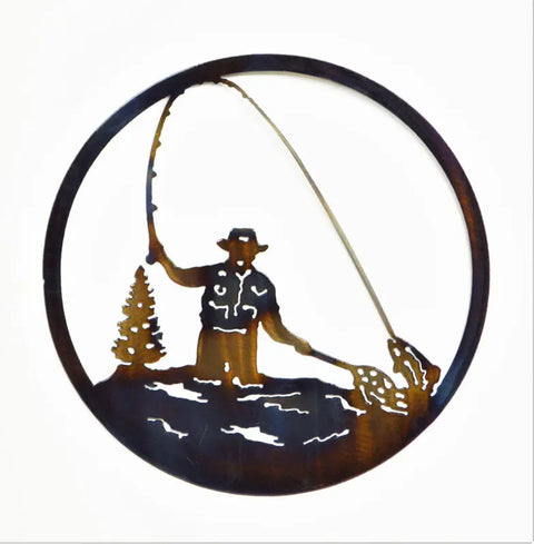 Rustic Fly Fisherman Wall Art – Metal Circle Decor | Handcrafted in USA Cabin Sign Knights Home Decor  item