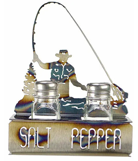 Rustic Flyfisherman Salt and Pepper Shaker Set – Handmade Metal Kitchen Decor | Made in USA Knights Home Decor  item