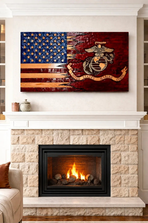 Rustic Hand Chiseled American Flag Wall Decor 33x60 Inch Pine Wood Patriotic Plaque | Made in USA American Grains LLC 
