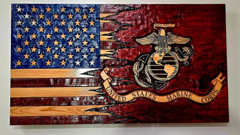 Rustic Hand Chiseled American Flag Wall Decor 33x60 Inch Pine Wood Patriotic Plaque | Made in USA American Grains LLC 