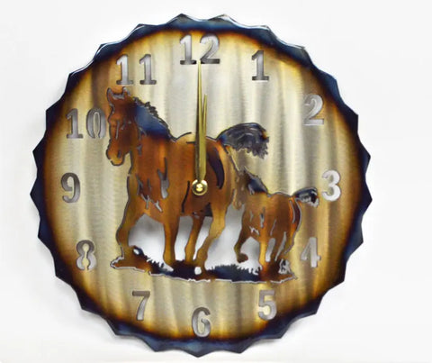 Rustic Horse And Colt Metal Wall Clock – Handmade Western Decor | Made In USA Knights Home Decor  item
