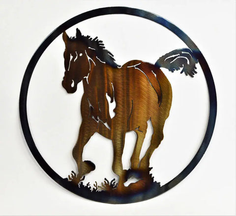 Rustic Horse and Colt Metal Wall Art – Circular Western Decor | Made in USA Knights Home Decor  item