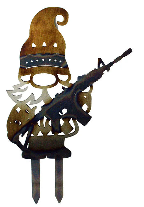 Rustic Metal Garden Gnome Sculpture with Rifle – Handmade Outdoor Yard Decor | Made in USA Knights Home Decor  item