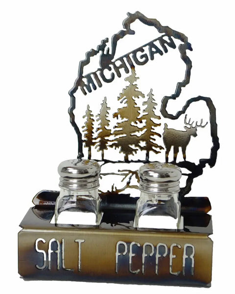 Rustic Michigan Salt and Pepper Holder – Custom Wood Kitchen Decor with Deer and Trees | Handmade in USA Knights Home Decor  item